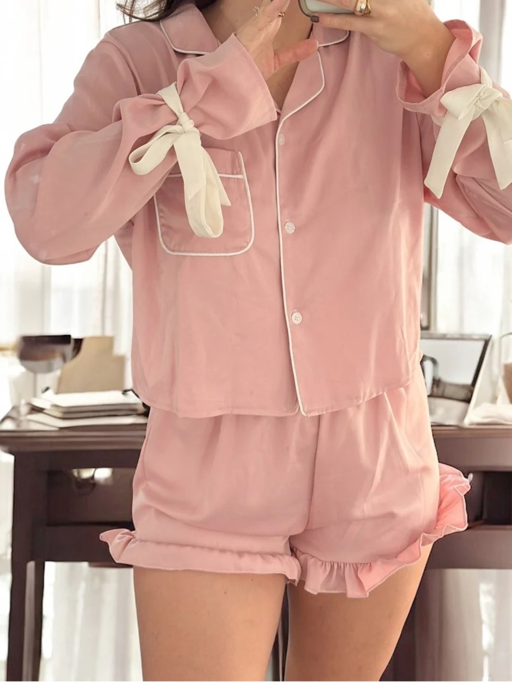 Women's Pink Wrist Tie Top and short set